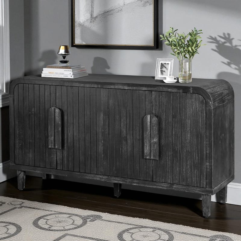 59'' Farmhouse Curved Vintage Sideboard Buffet Cabinet with Vertical Wood Grain Doors and Adjustable Shelves for Dining Room