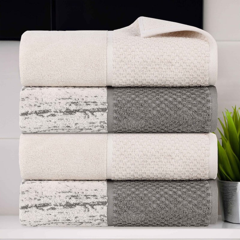 Superior Lodie Cotton Jacquard Solid and Two-Toned Bath Towel Set of 4 - Ivory/Charcoal
