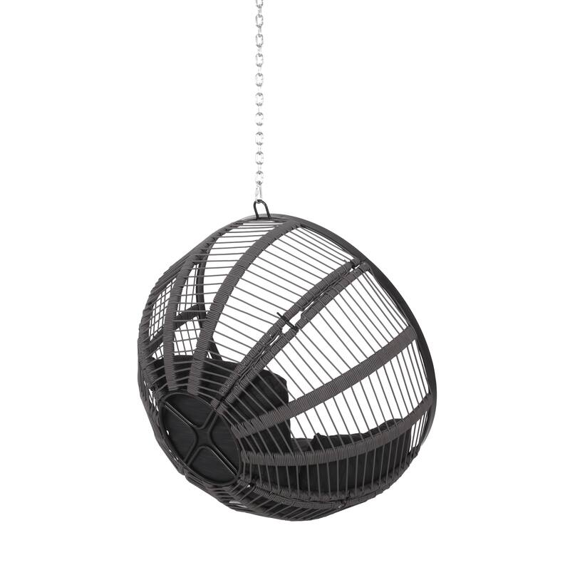 Roomfitters Modern Round Hanging Basket Swing, Large Spherical Wicker Frame with Plush Cushions for Outdoor Patio Seating, Black