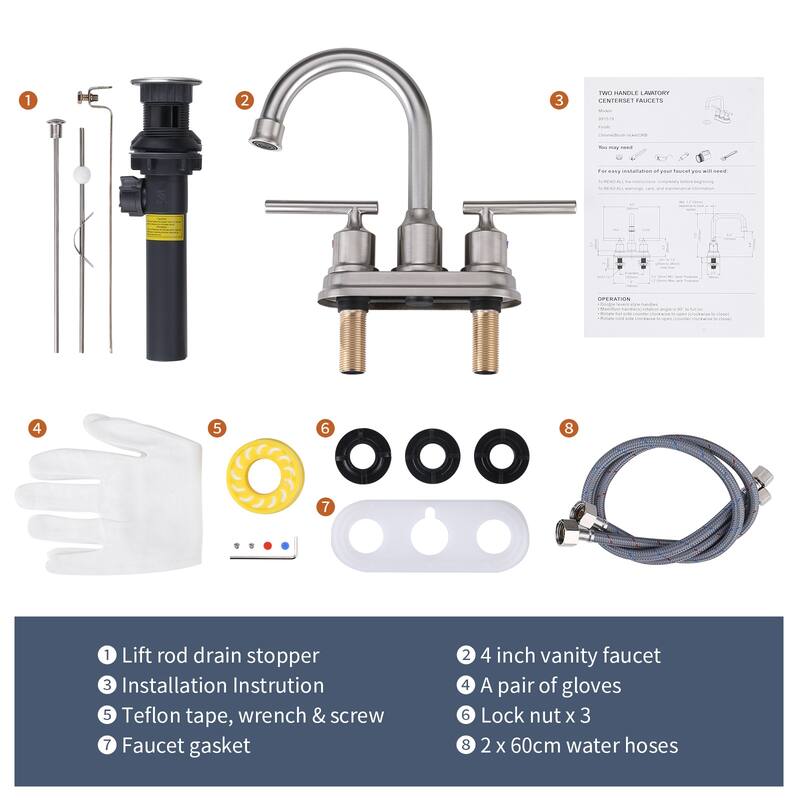 WOWOW 4 in. Centerset Double Handle Bathroom Faucet with Drain Kit Included
