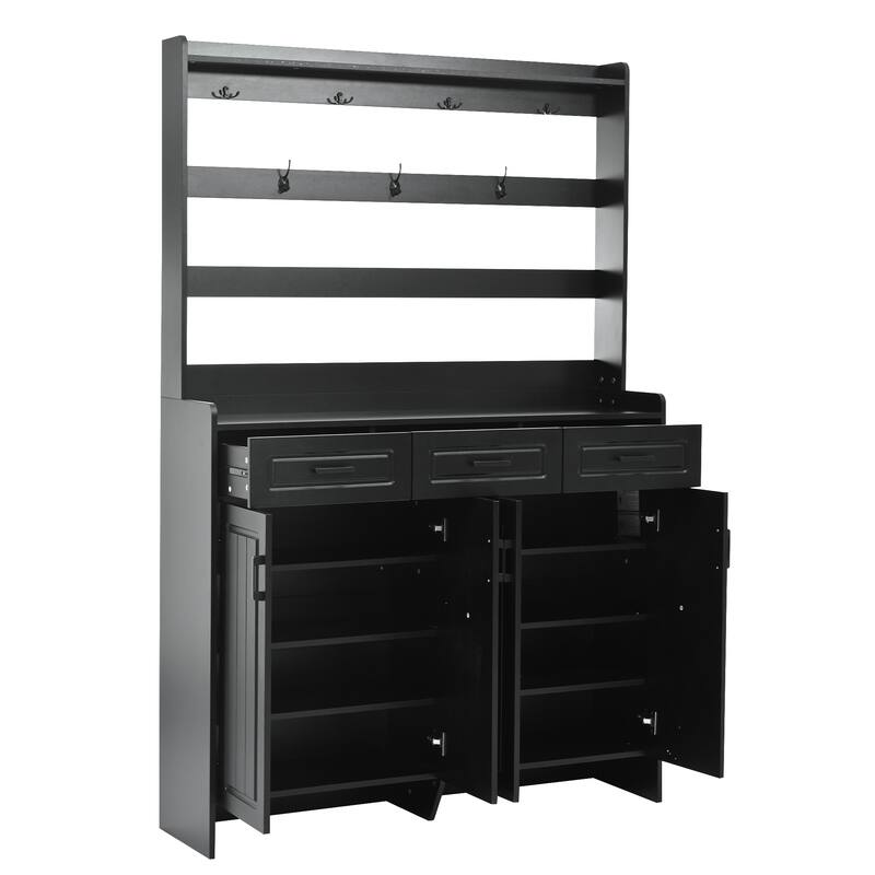 51.2" 4 Door Coat Rack with 3 Drawers,8 Shelves,Hooks and Handles