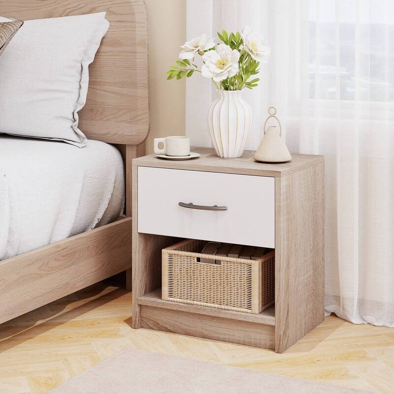 Costway Modern Nightstand Bedside Table with Drawer Open Storage Shelf