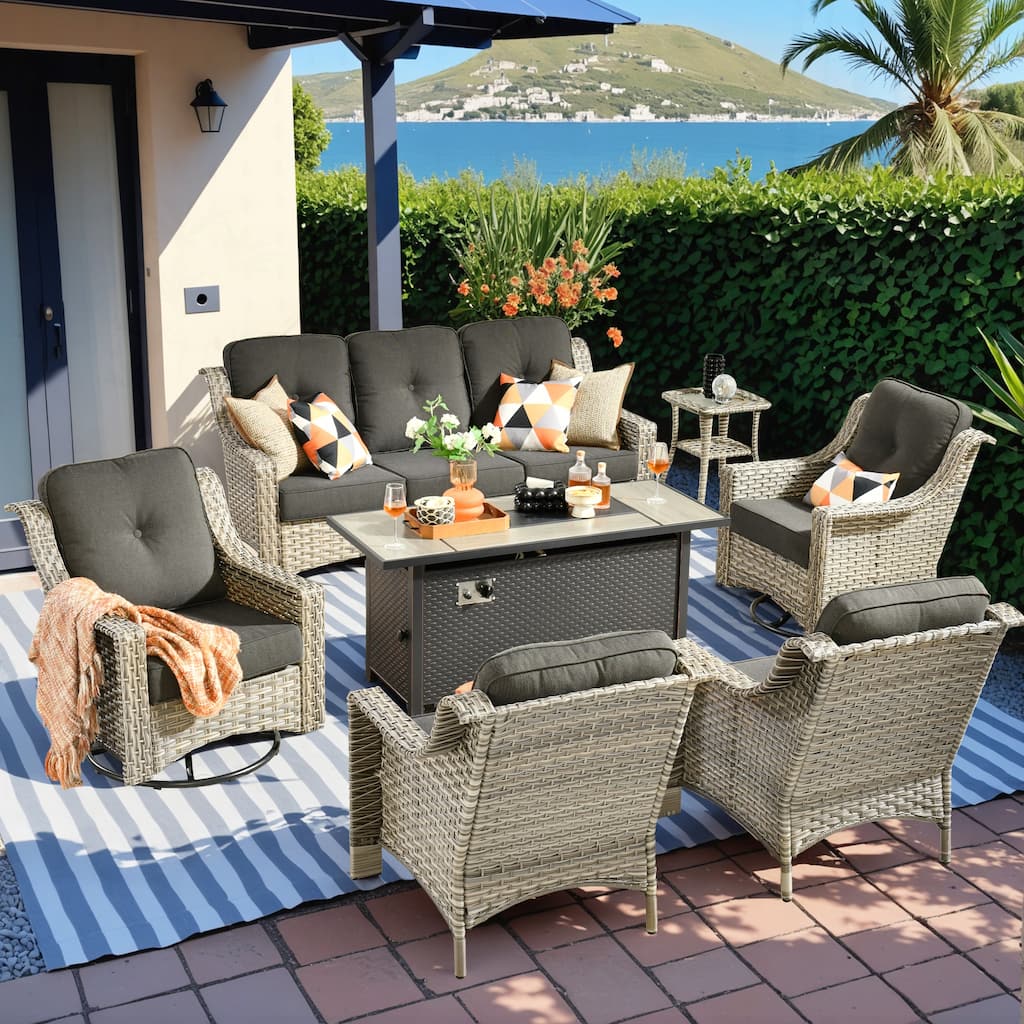 HOOOWOOO 7-piece Wicker Rattan Outdoor High Back Conversation Set with 54" Fire Pit
