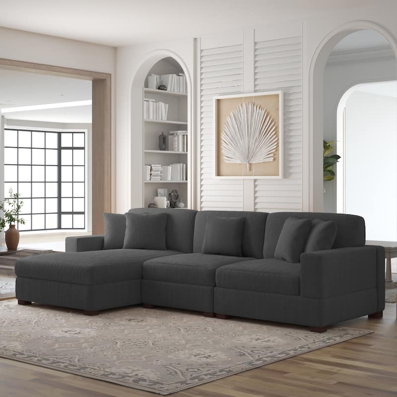 118" W Corduroy L-shape Modular Sectional Sofa with Pillows - Grey - Left Facing