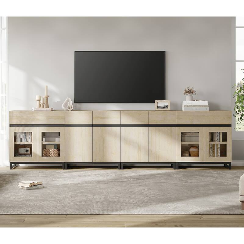 Modern TV Stand for 120" TVs, 4-in-1 Console with Glass Doors & 2 Drawers
