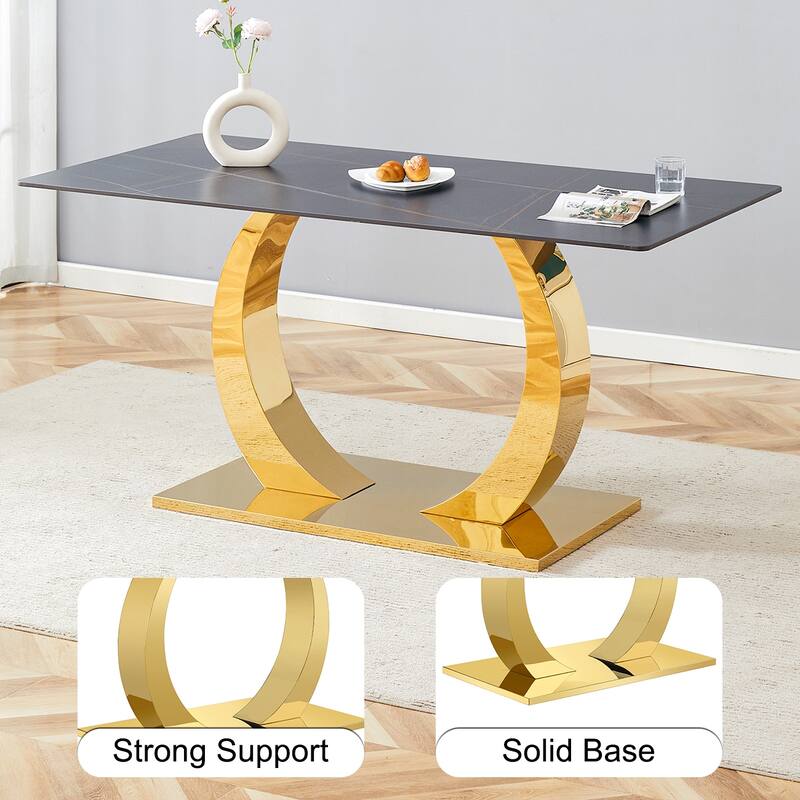 Luxury Sintered Stone Table: Black Marble Finish & Stainless Steel Base - A Stunning Centerpiece for Any Dining Space.