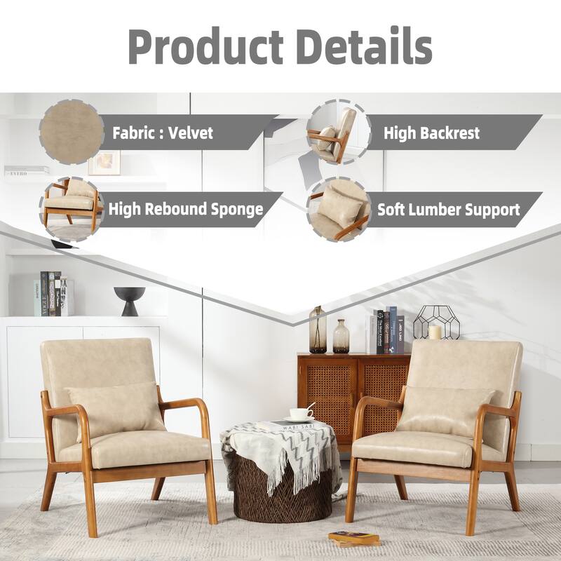 Khaki 23.23" Upholstered Accent Chair with Rubber Wood Legs and Pillow