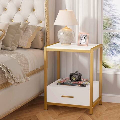 White and Gold Nightstands with Drawer and Storage Shelf, Modern Bedside Table End Table