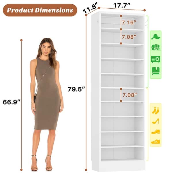 dimension image slide 5 of 10, Freestanding 10-Tier Shoe Storage Cabinet,Narrow Wood Shoe Rack Shoe Organizer,Sturdy Closet Organizer Open Display Cabinet