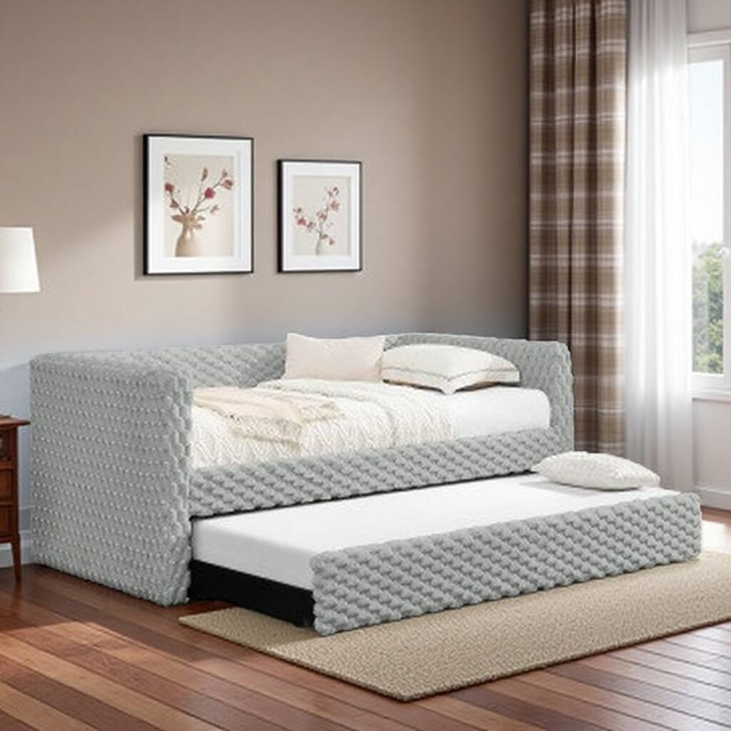 Twin Size Upholstered Daybed with Pull-Out Trundle, Modern Plaid Corduroy Fabric Sofa Bed with Armrests, Space-Saving Sleeper