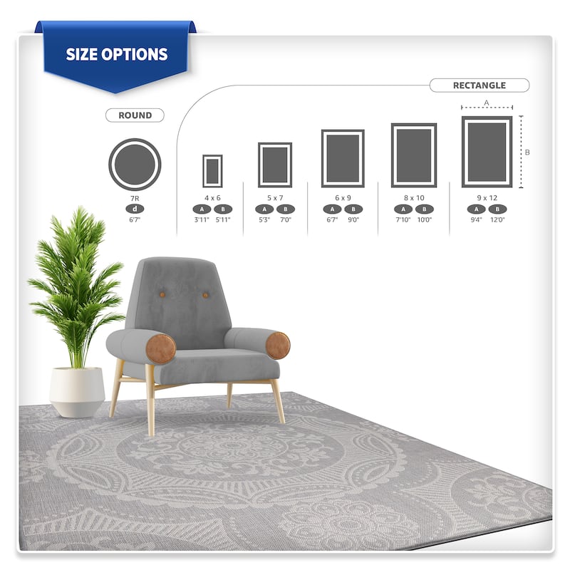 Beverly Rug Grey Medallion Indoor Outdoor Rug, Outside Carpet for Patio, Deck, Porch