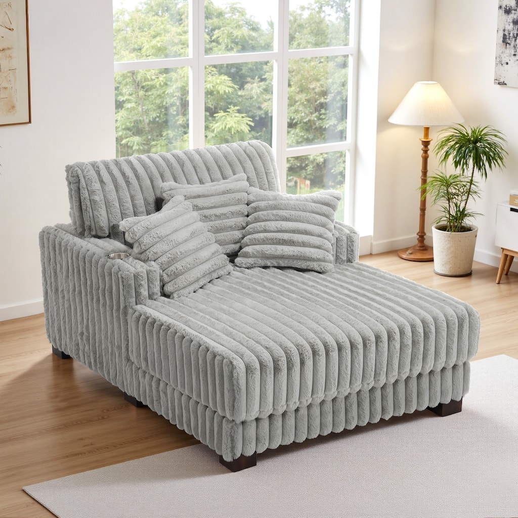 Modern Plush Chaise Lounge Fabric Sofa with Pillows Cup holder