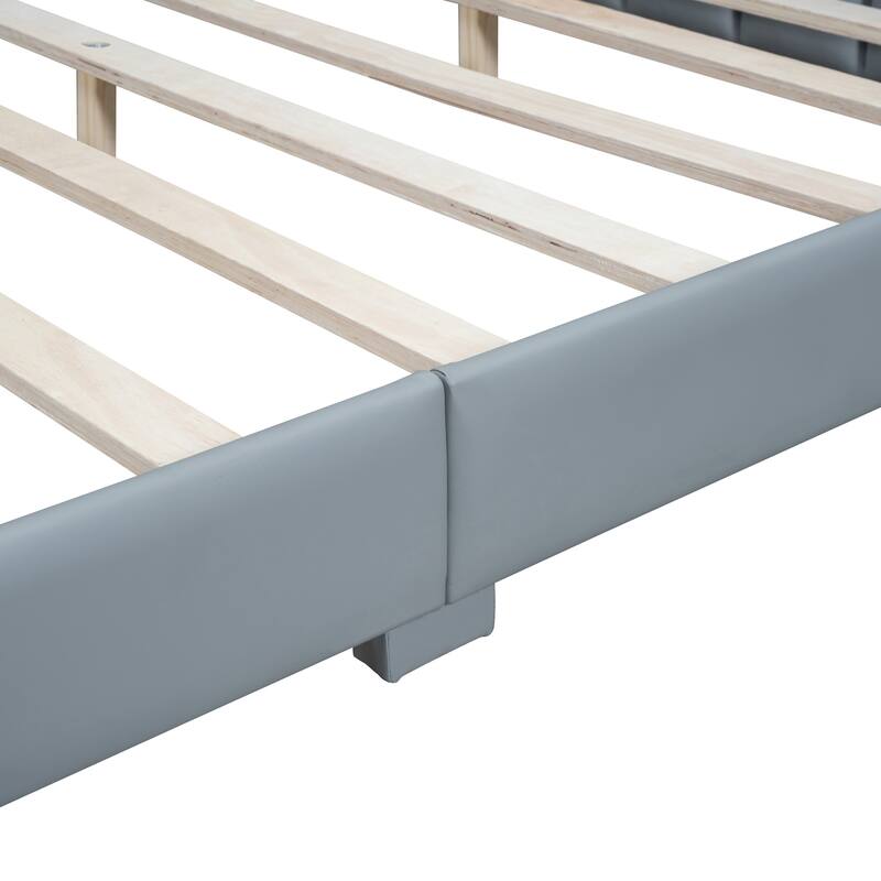 Queen Size & Twin XL Size Upholstered Platform Bed, PU Leather Mother & Child Bed with Guardrail, No Box Spring Needed