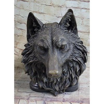 Wall Mounted Hanging Wolf Head Bust Bronze Sculpture Decor Signed Original Art