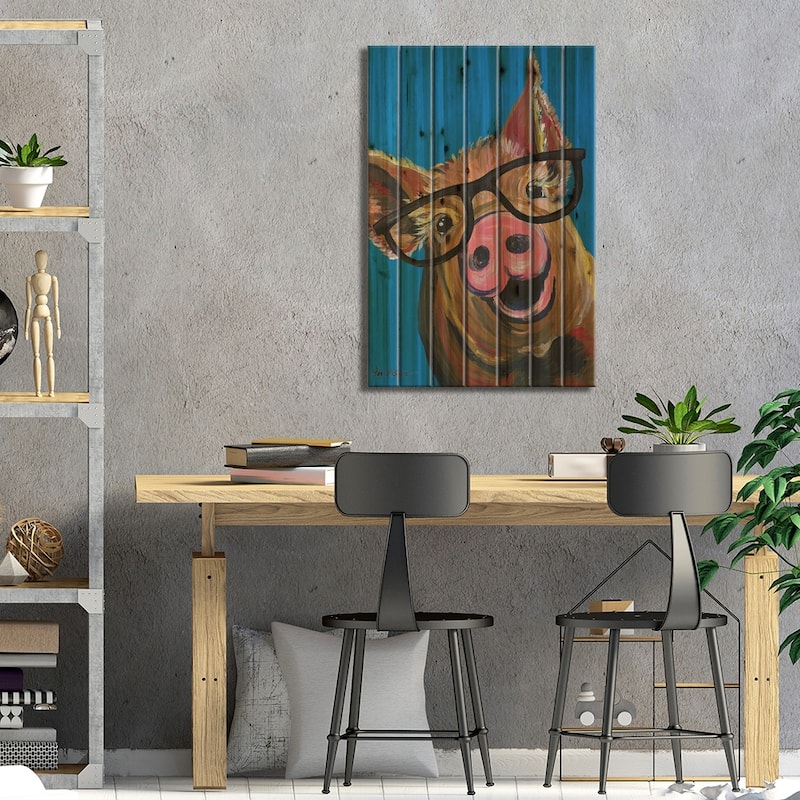 Pig Wilbur Glasses Blue Print On Wood by Hippie Hound Studios - Multi-Color