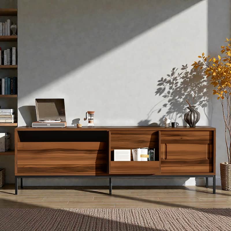 70.8'' Mid Century Modern TV Stand for 75'' TVs, Walnut Media Console with Sliding Doors, Drawer, Adjustable Shelves - Brown