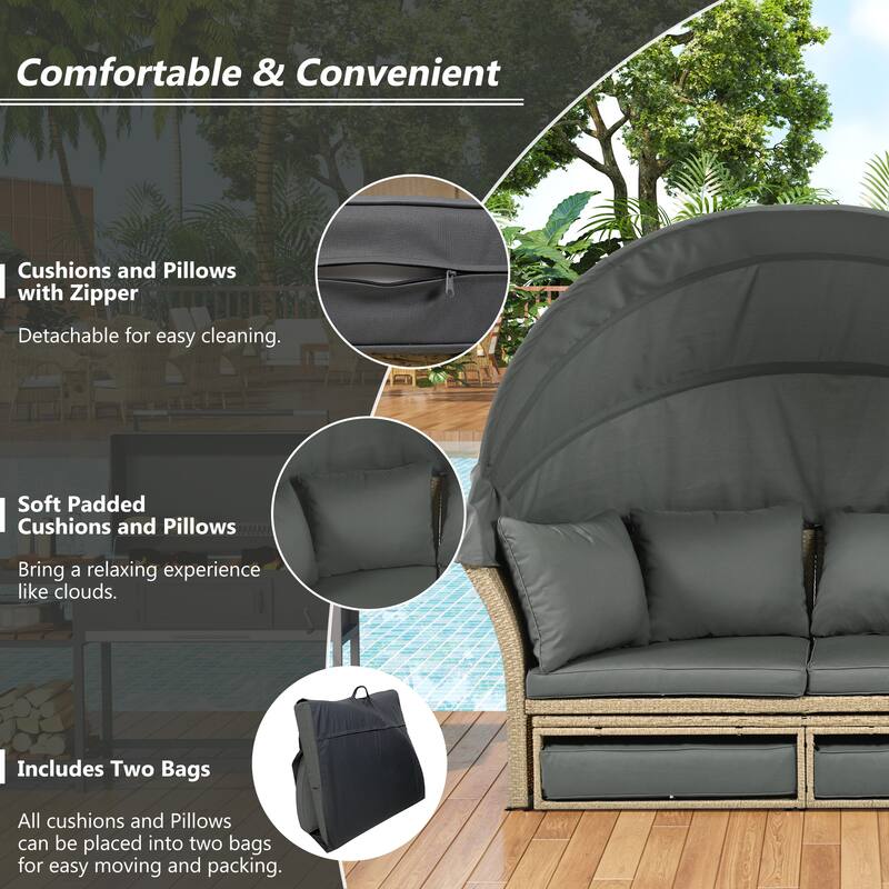 Outdoor Patio Daybed, Outdoor Furniture Set with Retractable Canopy, Patio Wicker Rattan Round Sofa with 4 Pillows