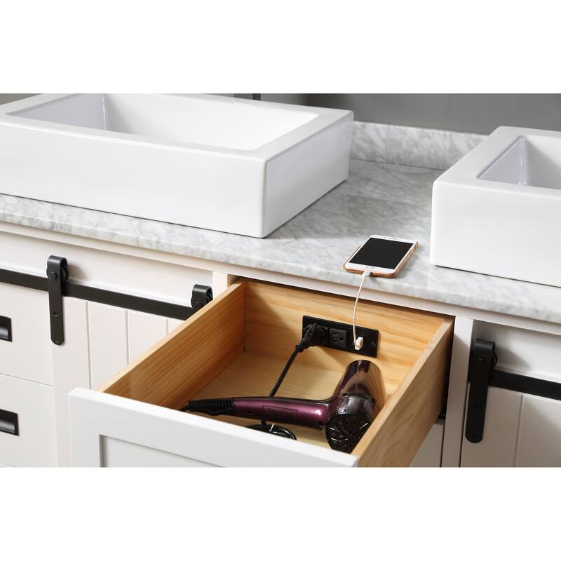 Chanceton 72 in. Vanity in White with White Carrara Marble Top with Vessel Sinks and 1 Large Mirror