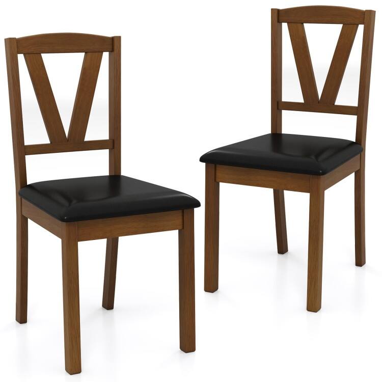 Rubber Wood Dining Chairs Set of 2 with PU Leather Upholstery V-Shaped Backrest - 17.5" x 19" x 35"