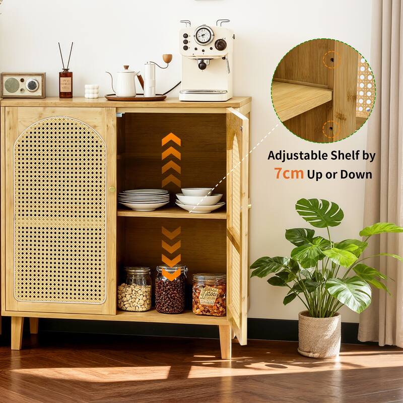 Kitchen Pantry Cabinet Bamboo Sideboard Buffet Cabinet with 2-tier Storage Rattan Door - 29.53"x15.35"x32.28"