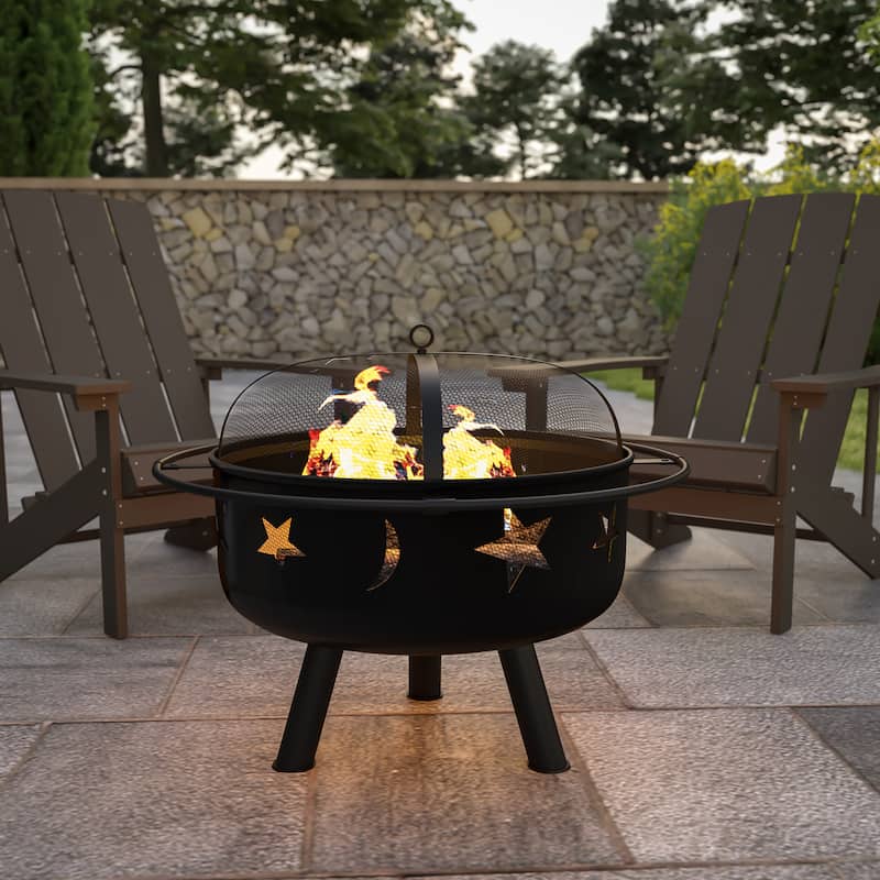 Round Wood Burning Star and Moon Firepit with Mesh Spark Screen - Black