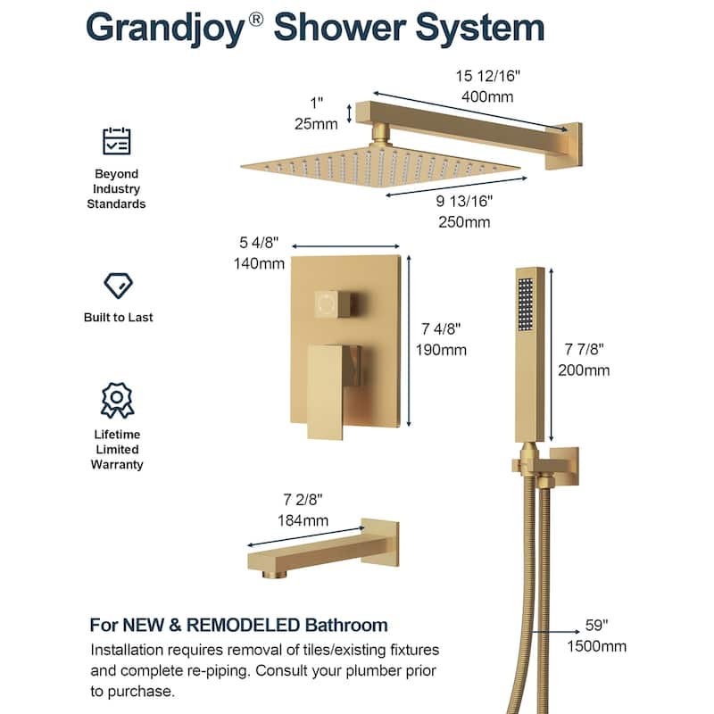 GRANDJOY 10" 3-in-1 Shower System with Rainfall Head, Handheld and Tub Spout, Pressure Balance Valve