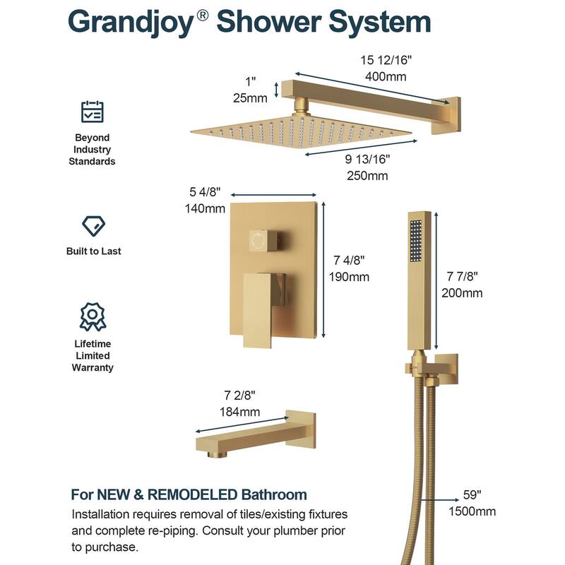 GRANDJOY Shower Faucet System with Tub Spout,10" Rainfall Shower Head with Handheld Spray
