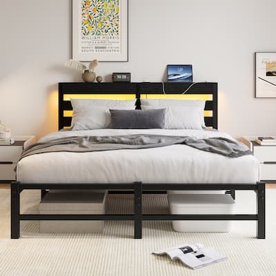 Modern Metal Bed with Wooden Headboard,RGB Lights and Storage Shelf for Bedroom