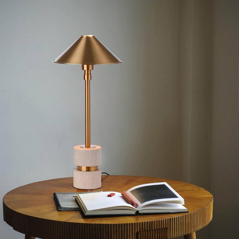 Scifi Steampunk Desk Lamp, Brass Alabaster Stone Table Light Metal Cone Shade