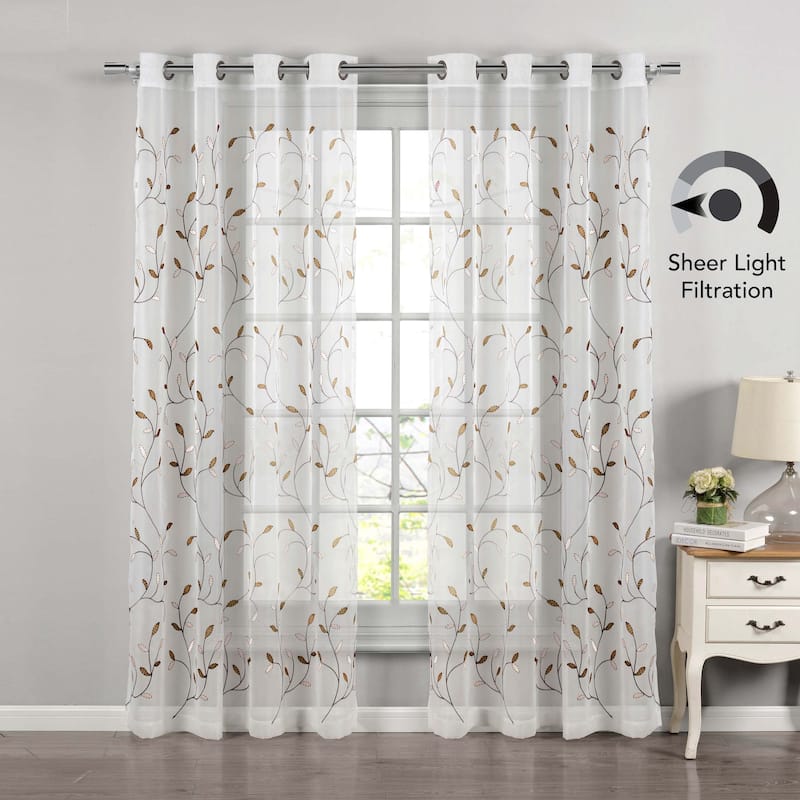 Wavy Leaves Embroidered Sheer Extra Wide Window Curtain (Single Panel)