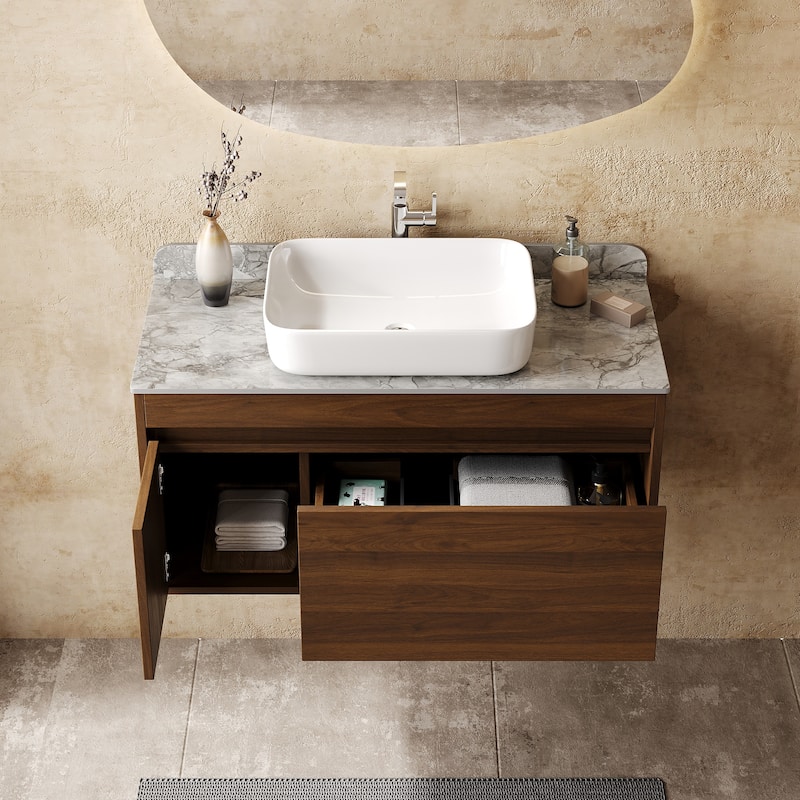 36" Floating Bathroom Vanities with Sink, Solid Wood Texture