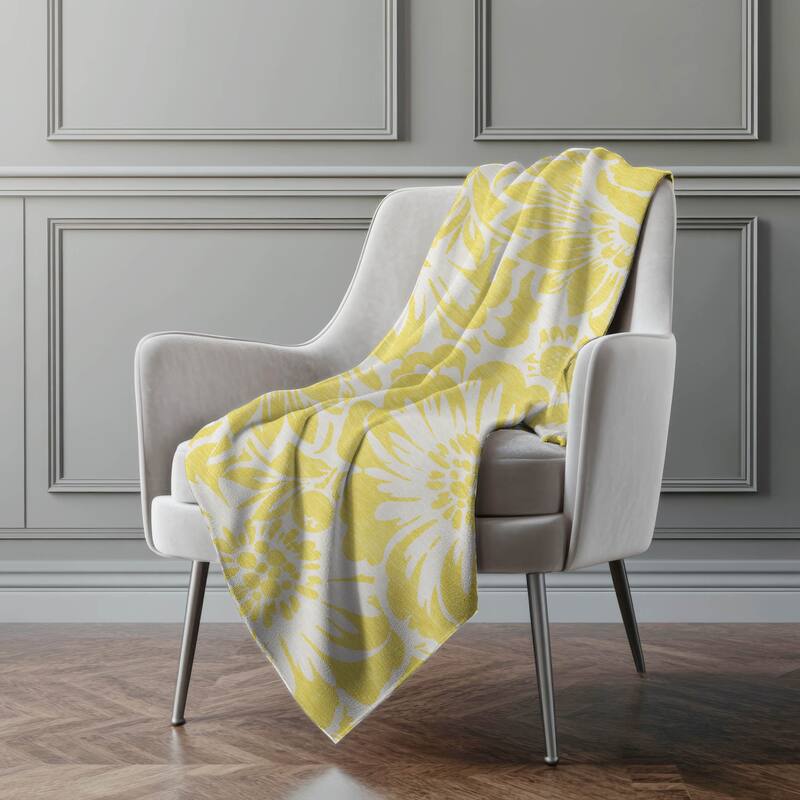 Premium Machine Washable Modern Floral Sherpa Throw Blanket - Yellow - 4'2" x 5'10"
