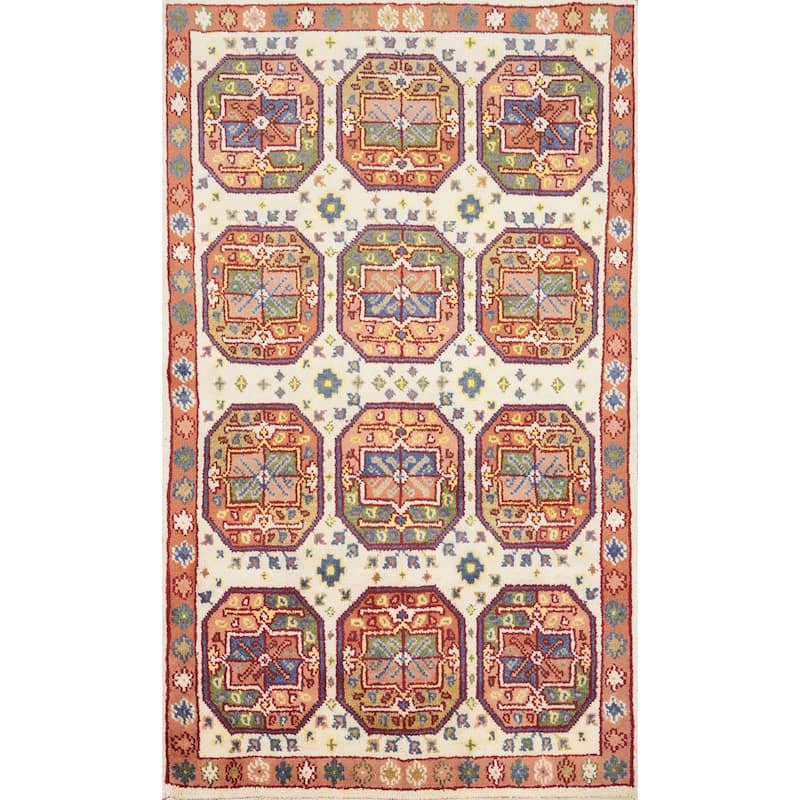 Hand Knotted Oriental 100% Wool Carpet Traditional Geometric Beige & Ivories Kazak Area Rug - 5' 11'' X 3' 10''