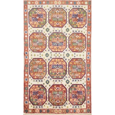 Hand Knotted Oriental 100% Wool Carpet Traditional Geometric Beige & Ivories Kazak Area Rug - 5' 11'' X 3' 10''