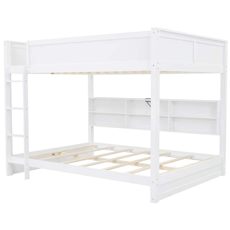 Sturdy Queen over Queen Bunk Bed with Built-in USB Ports, Storage Cabinets, and Guard Rails