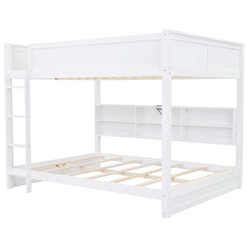 White Queen over Queen Solid Wood Bunk Bed with Storage and USB