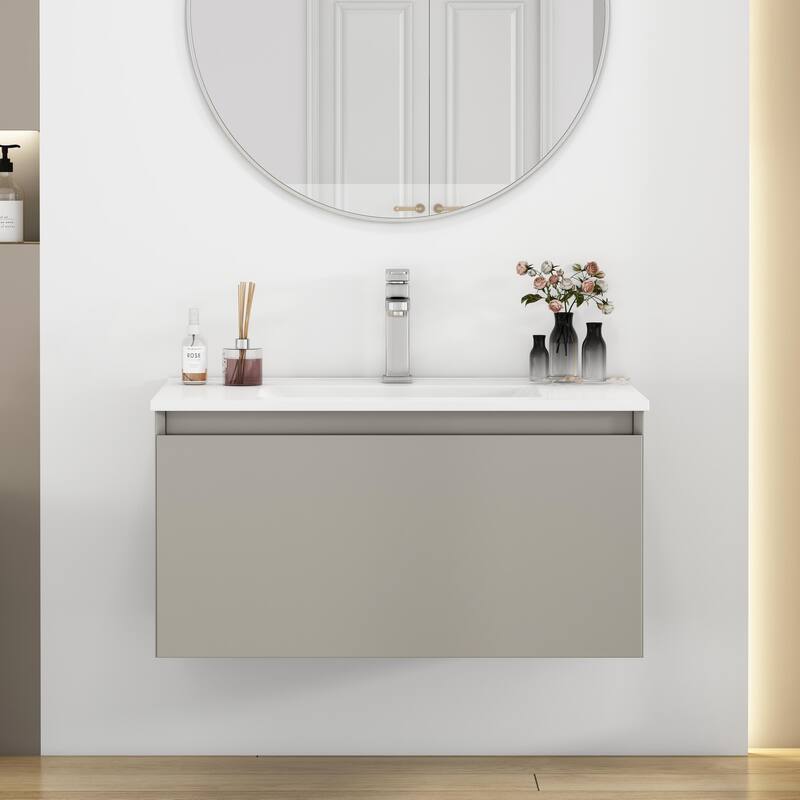 Wall-Mounted Bathroom Vanity, Floating Single Drawer Cabinet, 32 Inch Integrated Ceramic Sink