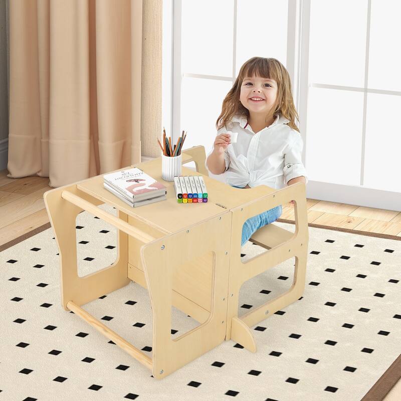 3-in-1 Wooden Foldable Toddler Standing Tower Step Stool with Chalkboard Table Set - 27" x 15.5" x 36"