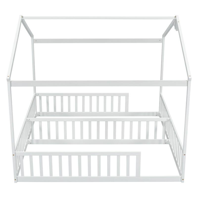 House-Style Double Twin Size Floor Bed with Fence, Guardrails, without Door