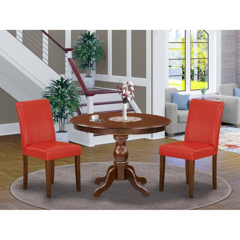 3-Piece Mahogany Finish Solid Wood Top-Dining Room Set with High Back-Seats 4