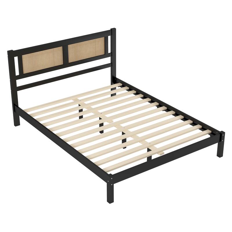 Natural Rattan Headboard Platform Bed - Queen/Full Size, Modern Minimalist Design, No Box Spring Required
