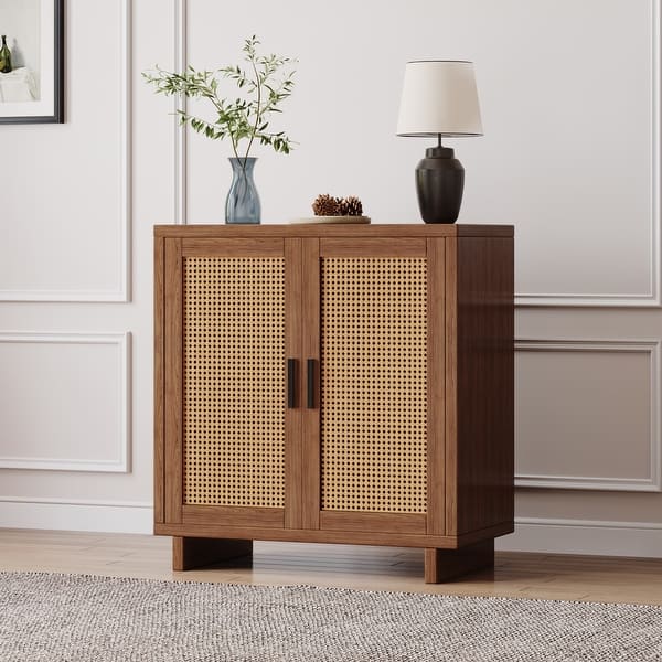 slide 2 of 28, Wood Accent Cabinet Sideboard Buffet with Rattan Doors Walnut