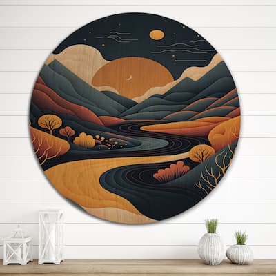 Designart "Orange Moon In Graphic Blue River Mountains" Landscape Mountains Wood Wall Art - Natural Pine Wood