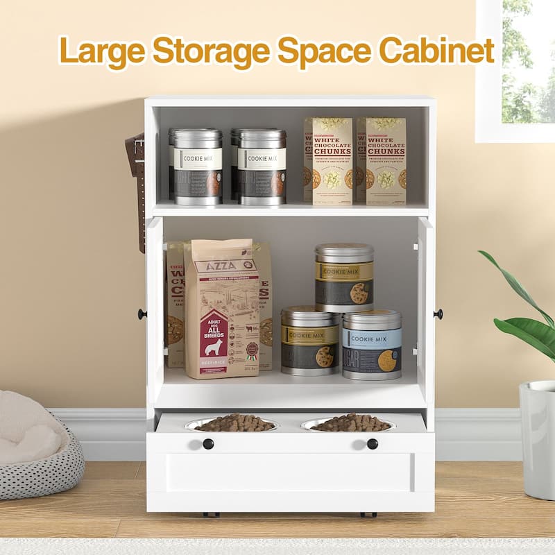 Anmytek 32" High Dog Feeding Station with 2 Elevated Bowls and Storage Cabinet for Cats and Dogs