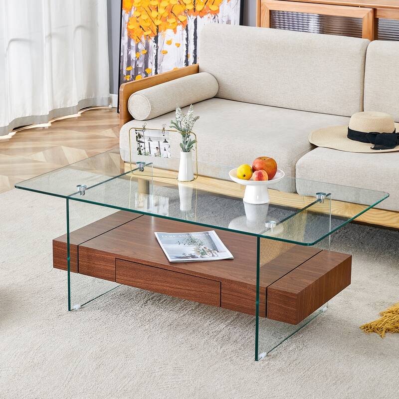 43.3 Inch Double Layer Coffee Table Storage Side Table with Open Storage Shelves, Drawers Glass Center Table End Table