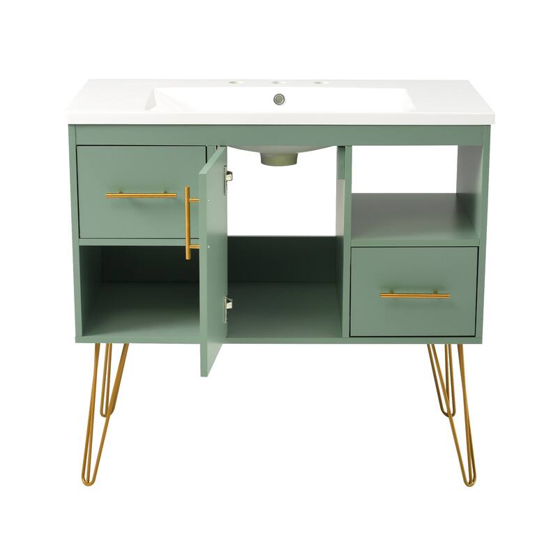 Freestanding Green Storage Cabinet for Bathroom Vanity with Resin Sink, 2 Drawers, 2 Storage Compartments and Gold Handles