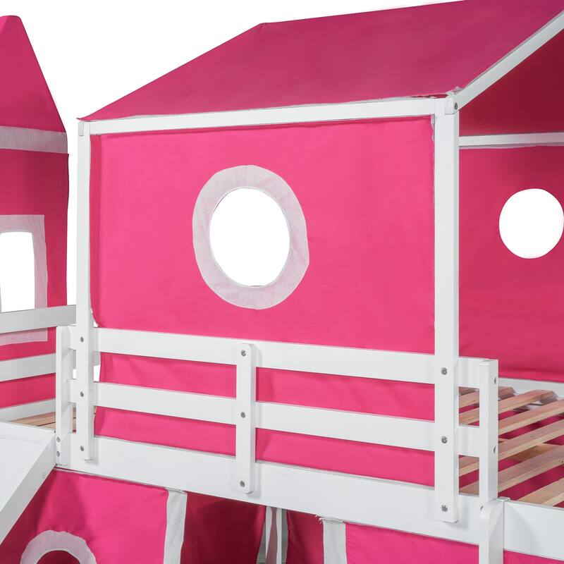 Twin/Full Size Wooden Playhouse Loft Bed with Tent and Tower, Solid Pinewood Low Loftbed Frame with Slide and Ladder