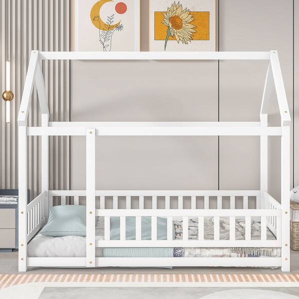 slide 2 of 5, Twin Size Wooden Bed House Bed with House Roof Frame and Fence Guardrails White
