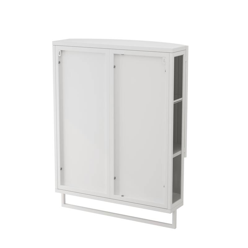 Anmytek Modern Arched Glass Double Door Bathroom Cabinet with Shatterproof Mirror Double Layer Storage Open Shelf Towel Rack