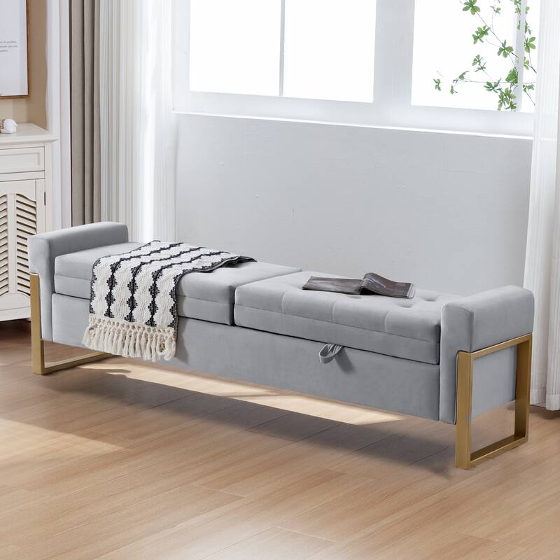 66" Storage Bench King Size End of Bed with Double Lids and Gold Legs